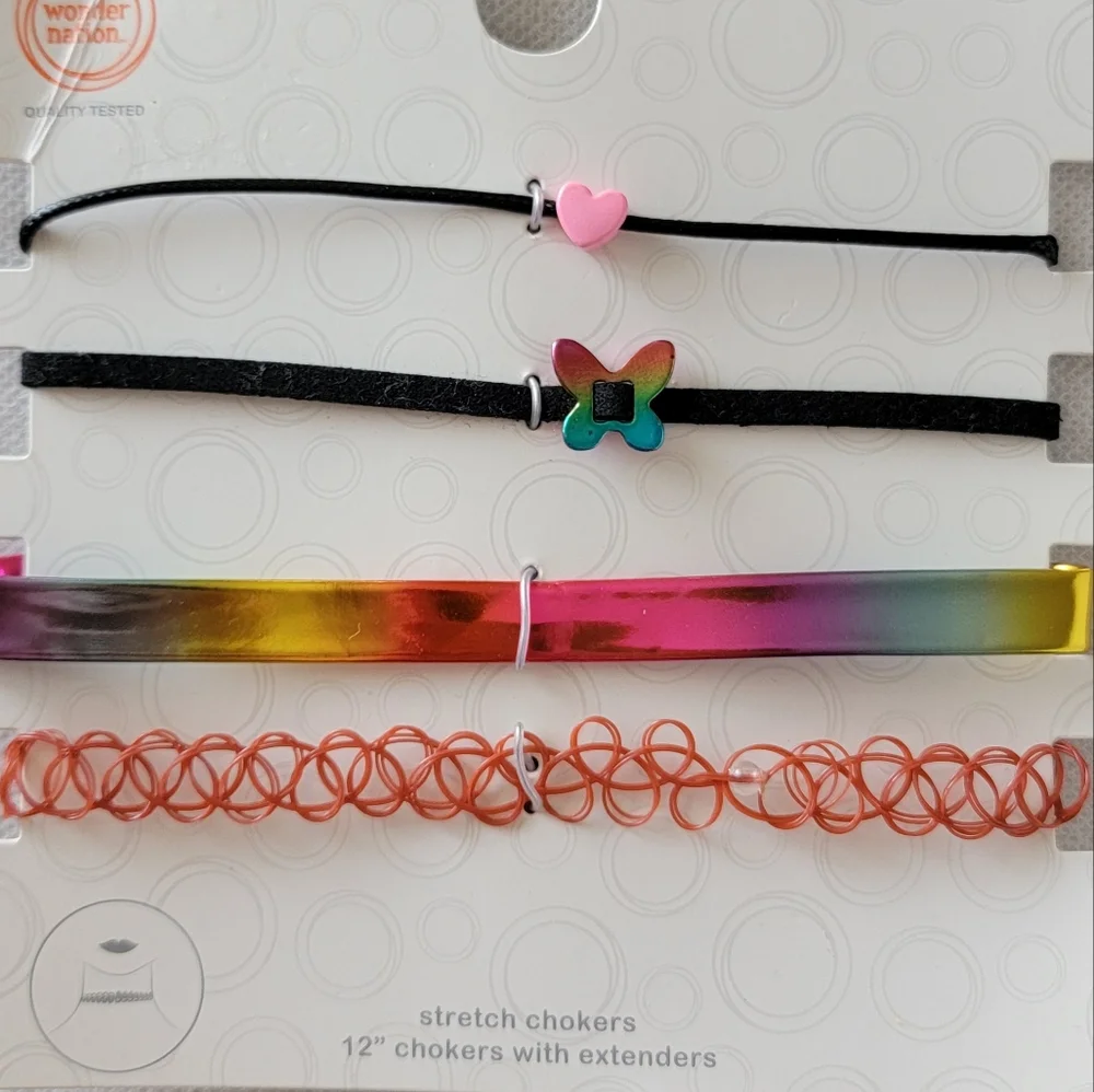 Set of 4 Choker Necklaces Rainbow Heart Butterfly Charm